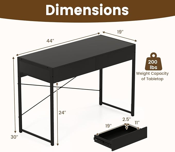 GOFLAME 44 Inch Computer Desk with 2 Drawers, Home Office Desk with Metal Frame, Small Study Writing Workstation with Storage, PC Laptop Table for Living Room, Bedroom, Study, Black