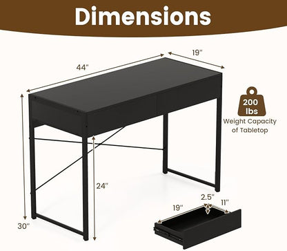 GOFLAME 44 Inch Computer Desk with 2 Drawers, Home Office Desk with Metal Frame, Small Study Writing Workstation with Storage, PC Laptop Table for Living Room, Bedroom, Study, Black