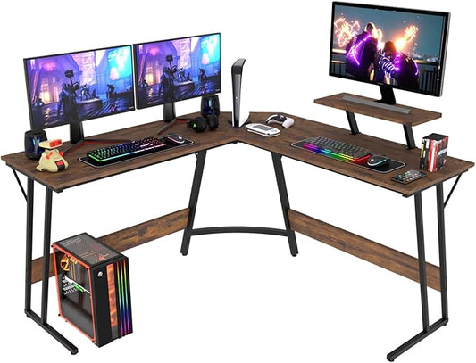 PayLessHere L Shaped Desk Corner Gaming Desk Computer Desk with Large Desktop Studying and Working and Gaming for Home and Work Place,Brown
