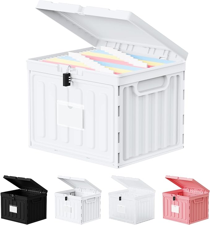 Small File Cabinet,Plastic File Box with Lid for Letter Size Hanging File Folders, Easy Carry Filling Box for Home, Office, School, Vertical File Cabinets, Stackable Storage Bins (White, 1 Pack)