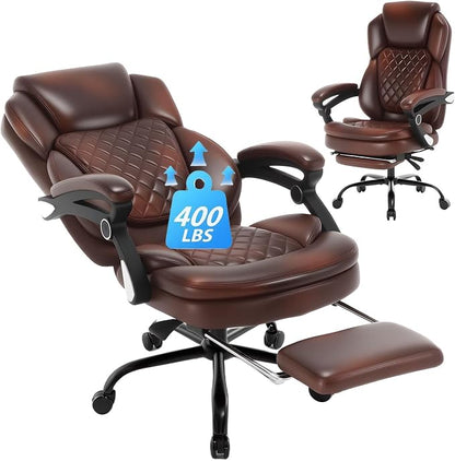 400lbs Reclining Office Desk Chair with Footrest, Managerial Executive Chair Lounge Chair for Office, Plus Size Brown Leather Recliner Office Chairs