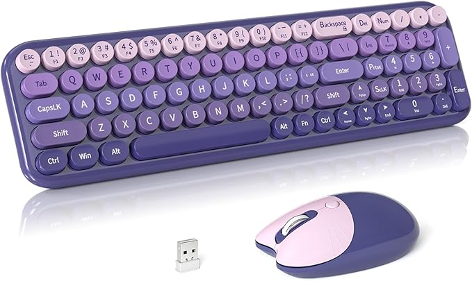 Wireless Keyboard and Mouse Combo, Meidosa 2.4GHz Colorful Full-Size Retro Typewriter Keyboard with Cat Shape 3 Level Adjustable Optical Mouse for PC/Desktop/Laptop/Windows (Purple Gradient)