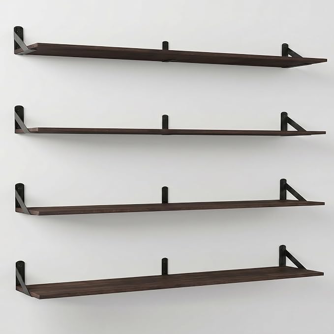 Long Wall Shelf,Large Floating Shelves for Wall,Wood Floating Bookshelves Hanging,Book Storage Display for Living Room Bedroom Office Bathroom Decor,4 Pack,57 Inch,Dark Brown