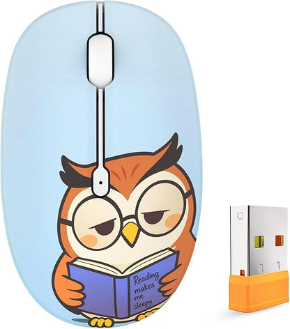 FMOUSE Cute Cartoon Wireless Mouse, 2.4G Bluetooth Dual Mode, AA Battery Powered, Silent Ergonomic Mice for Kids Students Office Workers Laptop PC Mac iPad (Sleepy Book Owl)