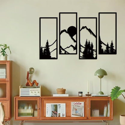 ruelen 4 Pcs Metal Sunset Mountain Forest Wall Decor, Abstract Minimalist Line Drawing Large Mountains Wall Art Home Decor for Living Room Bathroom Bedroom Office Indoor And Outdoor (Black, Large)