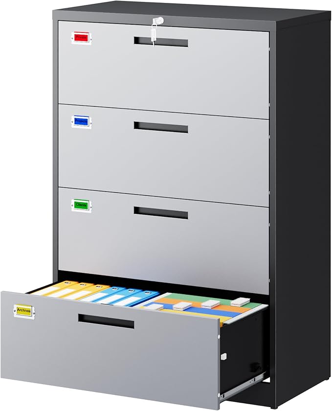 PEUKC 4 Drawer File Cabinet, Lateral Filing Cabinets for Home Office, Office Storage Drawers with Lock, Hanging Files Legal/Letter A4 Size (Assemble Required,Black Grey)