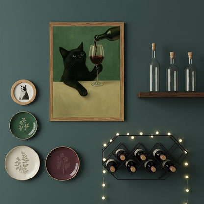 Funny Black Cat Wall Art 12x16 Inch Moody Black Cat with Wine Glass Canvas Wall Decor Whimsical Animal Bar Cart Poster Canvas Prints for Bathroom Kitchen Bar Wood Framed