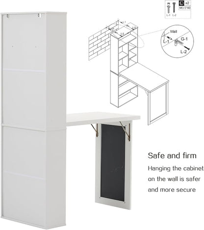 Folding Desk with Storage,Foldable Convertible Writing table with Blackboard and Shelves,Wall Mount Fold Out Table Cabinet , Space-Saving Murphy Desk Multi-Function Home Office Workstation (White)