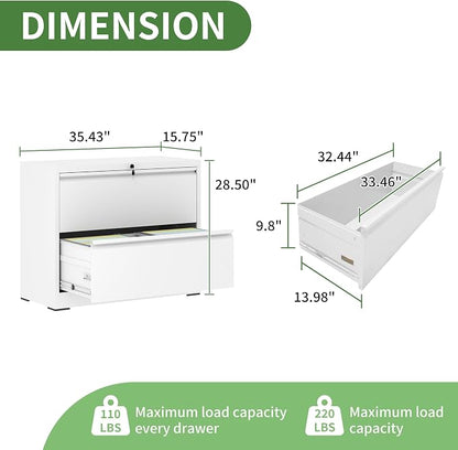 2 Drawer File Cabinet,Metal Lateral Filing Cabinet with Lock,Home Office Storage Organizer Cabinet for Legal/Letter/A4/F4 Size Files,35.5" W,White
