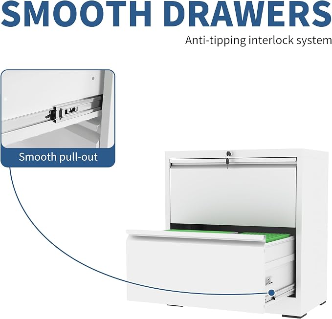 2 Drawer File Cabinet with Lock, White Metal Lateral Filing Cabinets for Home Office, Heavy Duty Steel Horizontal Locking Storage Cabinet for Legal/Letter/A4 Size File, Assembly Required
