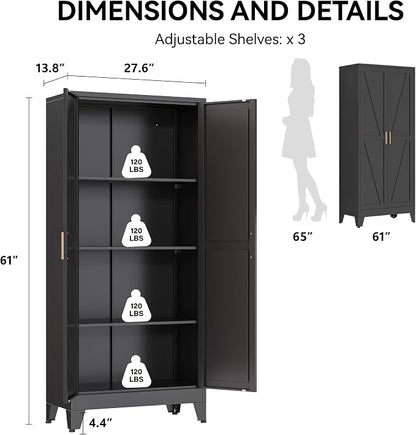 COFaR 61" Metal Pantry Cabinet in Black, Modern Storage Cabinet with Adjustable Shelves, Sturdy Metal Cupboard for Kitchen, Office, Living Room & Bathroom Organization