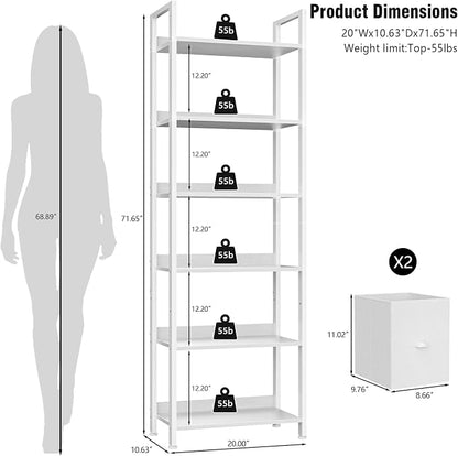 Furologee 6-Tier Bookshelf Set of 2,Tall Bookcase with 2 Drawers and Shelves, Industrial Display Free Standing Shelf Units, Storage Rack Organizer for Bedroom, Living Room, Home Office, White