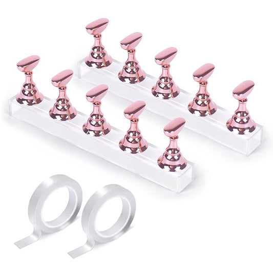 JUSTOTRY 2 Sets Pink Nail Painting Practice Stand With 1M Double-sided Tape Acrylic Fake Nail Art Holder For Press Ons Magnetic Nail Display Design Tools Kit Accessories For Home Diy Salon Supplies