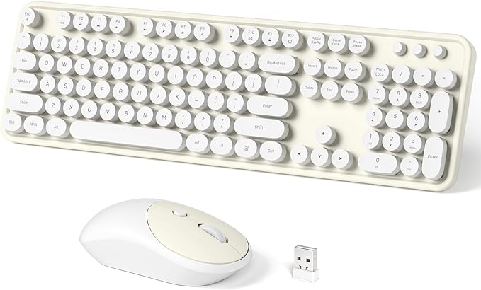 Dilter Wireless Keyboard and Mouse Combo, 104 Keys Full-Sized Typewriter Keyboards, 2.4 GHz USB Receiver Plug and Play, for Windows, PC, Laptop, Desktop (Cremy White)
