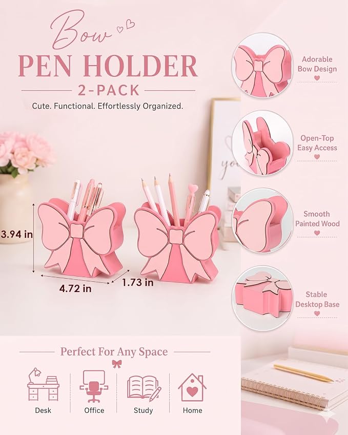2-Pack Cute Pink Bow Pen Holder, Pink Bow Desk Accessories Set, Wooden Desk Organizer & Decorations for Office and School Supplies, Aesthetic Decor Gift for Women Girls