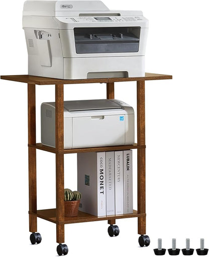 YUFAM 3 Tier Home Printer Stand with Storage, Wooden Mobile Printer Table Shelf, Rolling Printer Cart Shelf with Lockable Wheels fit Fax Machine, Scanner, Brown