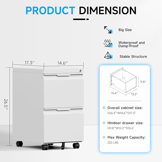 2 Drawer Mobile File Cabinet with Lock, Metal Filing Cabinet, Under Desk Rolling Small Filing Cabinet with Wheels for Home Office Storage, Fits Legal/A4/Letter/Document Size, Required Assembly, White