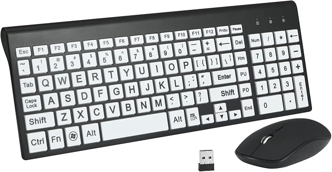 Full Size Large Print 2.4g Wireless Keyboard and Mouse with Oversized Print for Visually Impaired Low Vision Individuals (Black)
