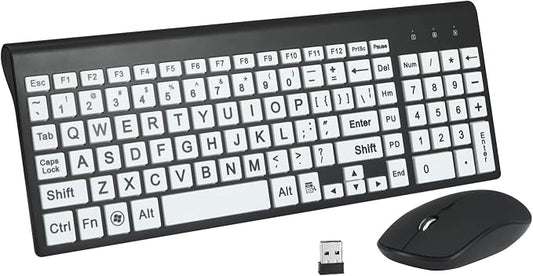 Full Size Large Print 2.4g Wireless Keyboard and Mouse with Oversized Print for Visually Impaired Low Vision Individuals (Black)