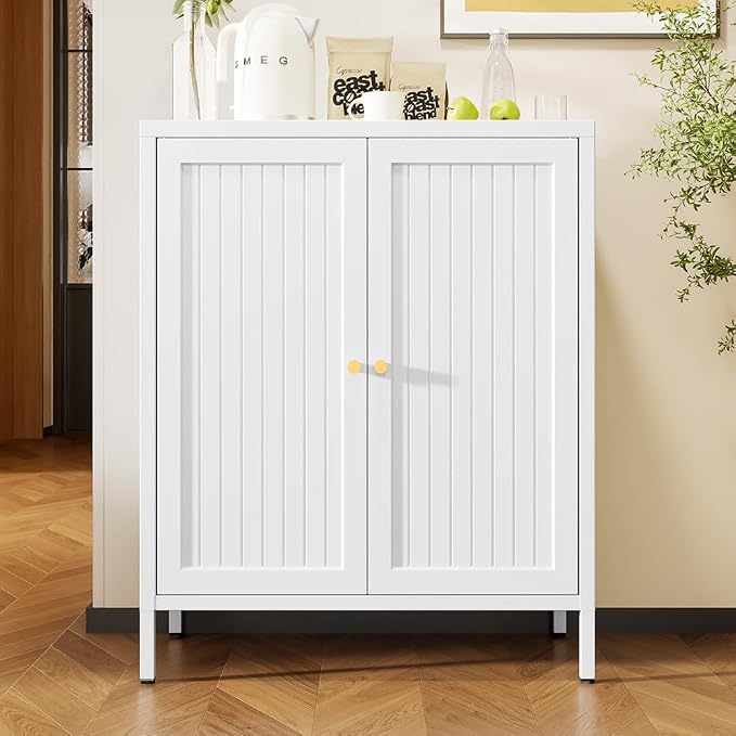 2 Door Metal Storage Cabinet-Small Bathroom Storage Cabinet with 1 Adjustable Shelf,Freestanding Sideboard for Home Office, Living Room, Hallway, Entryway(Striped Door, White)