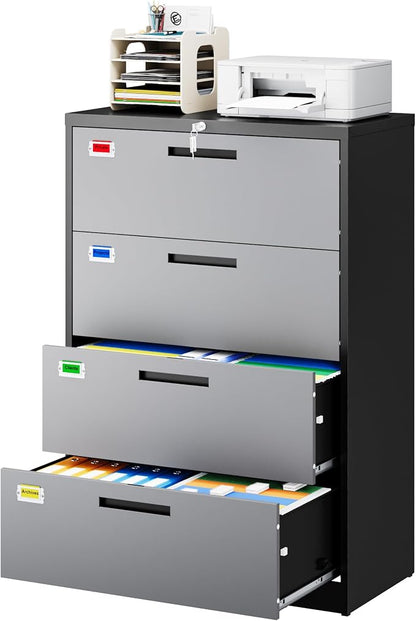 PEUKC 4 Drawer File Cabinet, Lateral Filing Cabinets for Home Office, Office Storage Drawers with Lock, Hanging Files Legal/Letter A4 Size (Assemble Required,Black Grey)