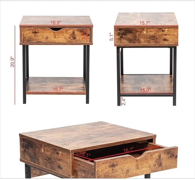 JJS Side End Table, Nightstand, Bedside Table with Drawer and Storage Shelves, Sofa Table for Living Room, Bedroom, Accent Furniture, Easy Assembly, Rustic Brown