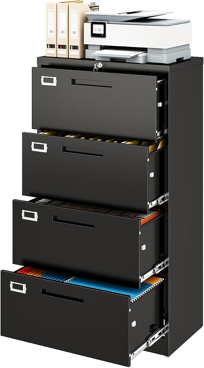 Metal Lateral 4 Drawer File Cabinet with Lock, Wide Filing Cabinet for Home Office Organization Hanging Files Letter/Legal/F4/A4 Size (Black, Assembly Required)