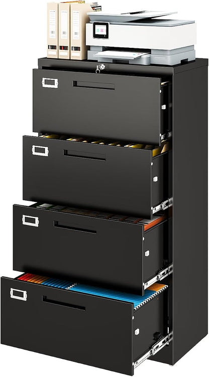 Metal Lateral 4 Drawer File Cabinet with Lock, Wide Filing Cabinet for Home Office Organization Hanging Files Letter/Legal/F4/A4 Size (Black, Assembly Required)