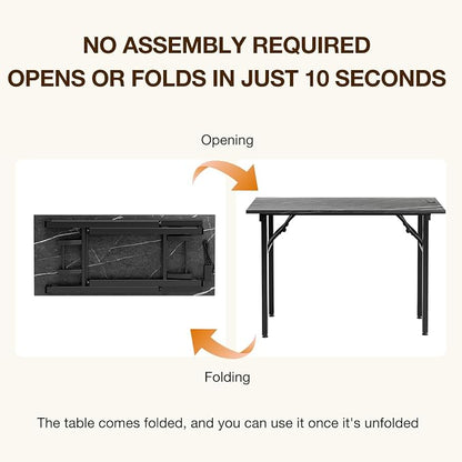 TEMI Small Computer Desk Folding Table - No Assembly, Compact 43.3" Foldable Desk with Power Outlets & USB Charging Port, Portable Small Office Desk, Ideal Mini Study Table, Marble Greige