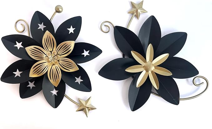 LIFFY Metal Flower Wall Decor, Black & Gold Floral Metal Wall Art for Indoor Outdoor,Black Wall Decor Boho Modern Wall Decor for Bathroom, Living Room, Bedroom, Porch, Garden, Yard (Black & Gold 2)