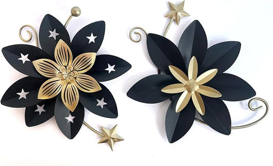 LIFFY Metal Flower Wall Decor, Black & Gold Floral Metal Wall Art for Indoor Outdoor,Black Wall Decor Boho Modern Wall Decor for Bathroom, Living Room, Bedroom, Porch, Garden, Yard (Black & Gold 2)