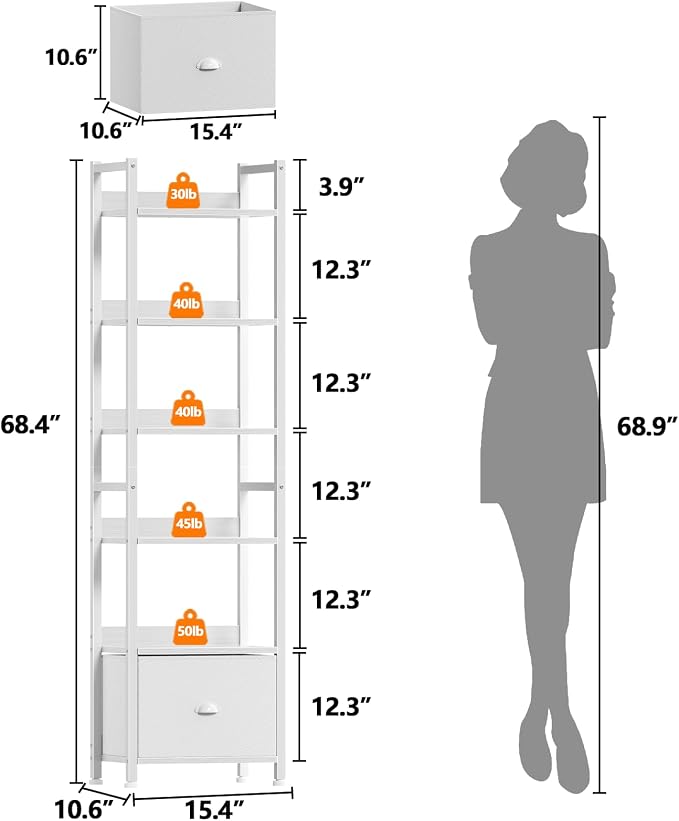 Furologee 6 Tier Bookshelf, Tall Shelf with Drawer, Wood and Metal Bookshelves Storage Organizer, Modern Display Shelving Unit for Bedroom, Living Room, Home Office, White