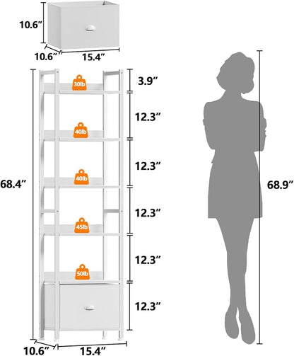 Furologee 6 Tier Bookshelf, Tall Shelf with Drawer, Wood and Metal Bookshelves Storage Organizer, Modern Display Shelving Unit for Bedroom, Living Room, Home Office, White