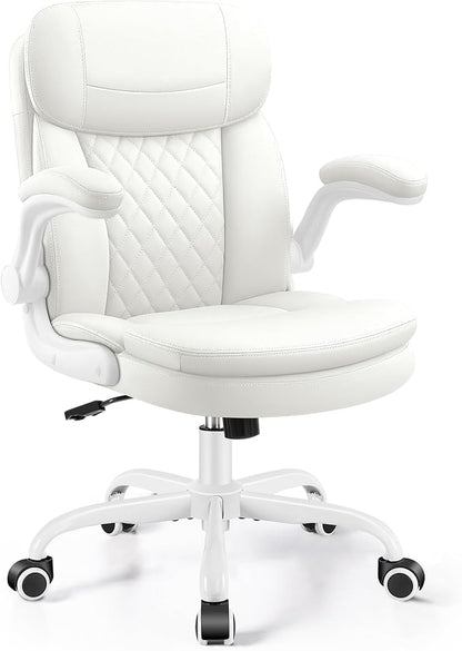 Leather Office Chair, PU Computer Desk Chairs with Upgraded Double-Layer Seat Cushion and Neckrest, 360°Swivel, Ergonomic Small Gaming Chair with Wheels and Adjustable Armrests for Short People, White