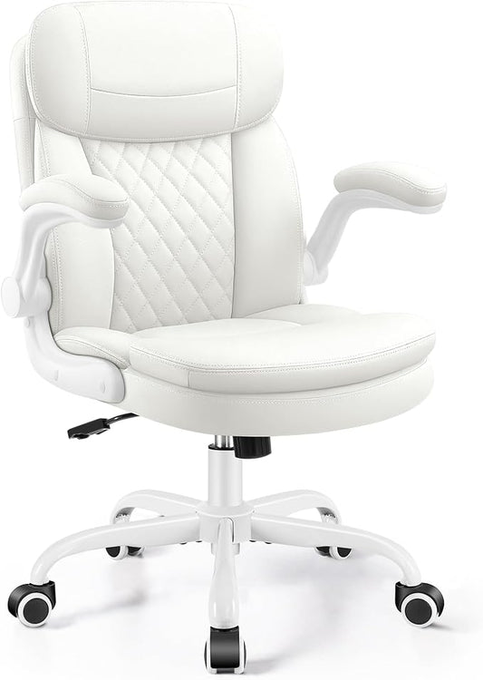 Leather Office Chair, PU Computer Desk Chairs with Upgraded Double-Layer Seat Cushion and Neckrest, 360°Swivel, Ergonomic Small Gaming Chair with Wheels and Adjustable Armrests for Short People, White