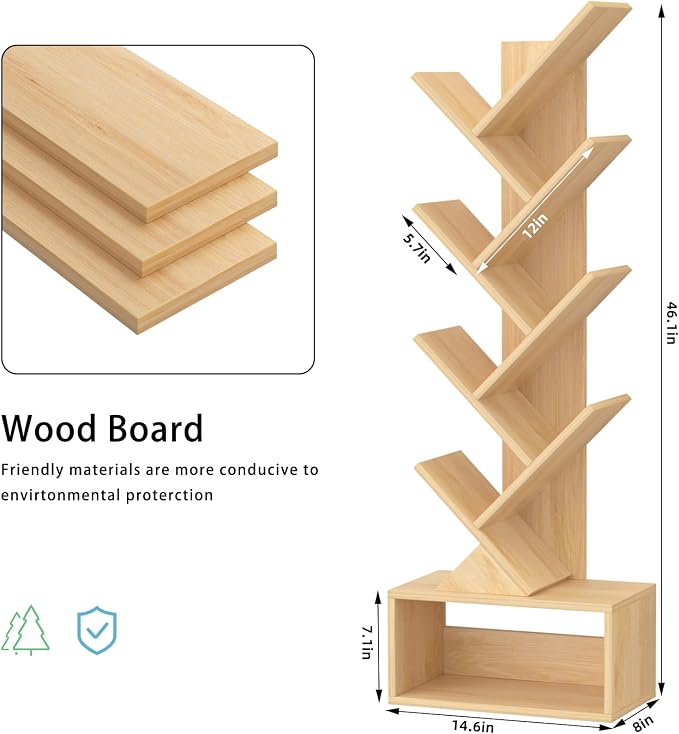 SHEEPAM 9 Tier Tree Bookshelf,Christmas Green Bookcase for Narrow Space, Storage Organizer Floor Standing Bookshelves for Books, Tall Book Case for Home Office, Living Room, Bedroom