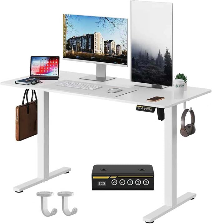 Electric Standing Desk,48x24 Inches Adjustable Height Stand up Desk, Sit Stand Home Office Desk with Splice Board, 3 Preset Heights,Equipped with Hooks,Ergonomic Computer Desk Workstation，White