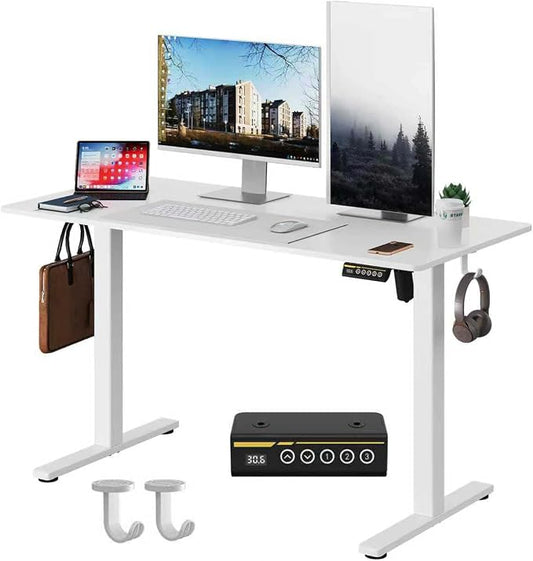 Electric Standing Desk,48x24 Inches Adjustable Height Stand up Desk, Sit Stand Home Office Desk with Splice Board, 3 Preset Heights,Equipped with Hooks,Ergonomic Computer Desk Workstation，White