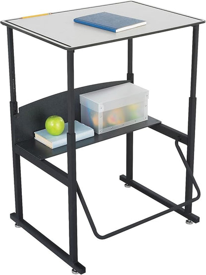 Safco AlphaBetter Stand-Up Student Desk with Book Box, Features a Swinging Pendulum Footrest Bar & a 28” W x 20” D Durable Desktop, Adjustable Height’, Premium Gray