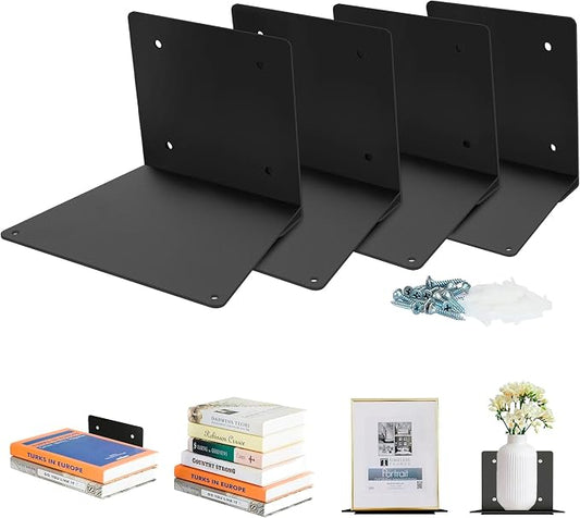 STORAGE MANIAC Floating Book Shelves for Wall Mounted Invisible Floating Bookshelves Heavy-Duty Steel Hidden Bookshelf Hanging Bookshelves for Bedroom Living Room Office, Black 4-Pack Large