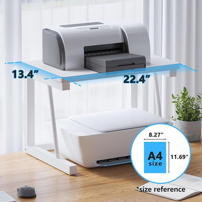 Desktop Printer Stand, 2-Tier Wood Rustic Printer Shelf for 3D & Laser Printer, Scanner, Copier, Durable Small Space Storage Organizer for Home Office Kitchen (White)