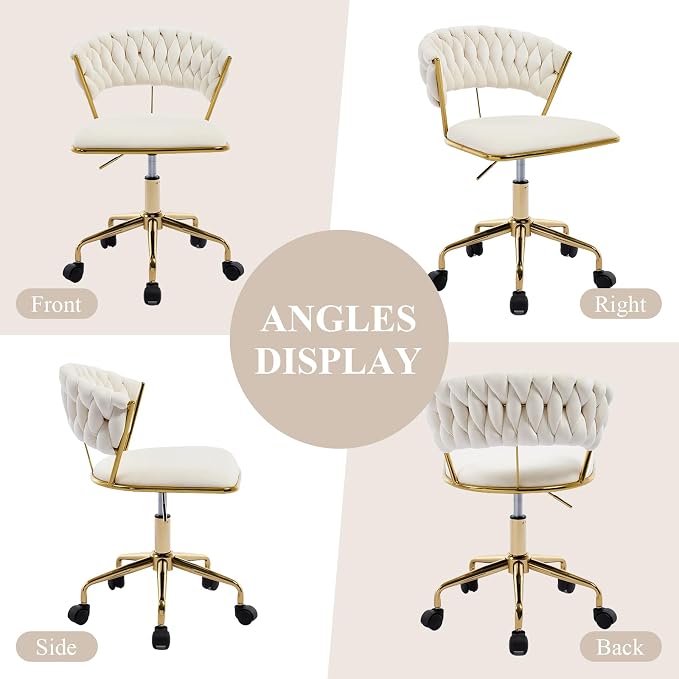 NIOIIKIT Home Office Chair, Velvet Upholstered Task Chair with Woven Open Back, 360° Swivel Desk Chair with Wheels, Adjustable Vanity Chair, Computer Chair for Office, Studio (Beige)
