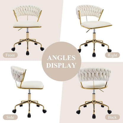 NIOIIKIT Home Office Chair, Velvet Upholstered Task Chair with Woven Open Back, 360° Swivel Desk Chair with Wheels, Adjustable Vanity Chair, Computer Chair for Office, Studio (Beige)