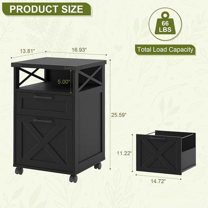 Farmhouse Filing Cabinet with Open Storage Space & Wheels, Office Filing Vertical Cabinet with 2 Drawers, Printer Stand for Hanging Files Letter/A4, Under Desk Storage Cabinets for Home Office.Black