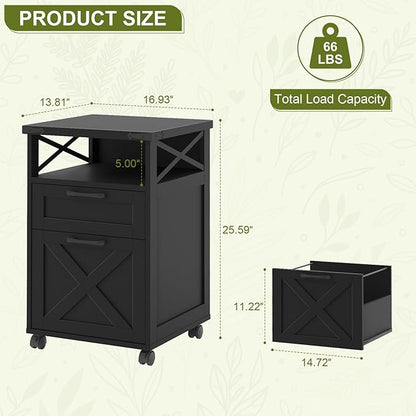 Farmhouse Filing Cabinet with Open Storage Space & Wheels, Office Filing Vertical Cabinet with 2 Drawers, Printer Stand for Hanging Files Letter/A4, Under Desk Storage Cabinets for Home Office.Grey