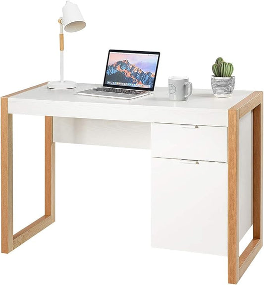 Tangkula Wooden Home Office Desk with Drawer & Cabinet, PC Laptop Workstation Study Writing Desk, Ideal for Bedroom Home Office (White & Natural)