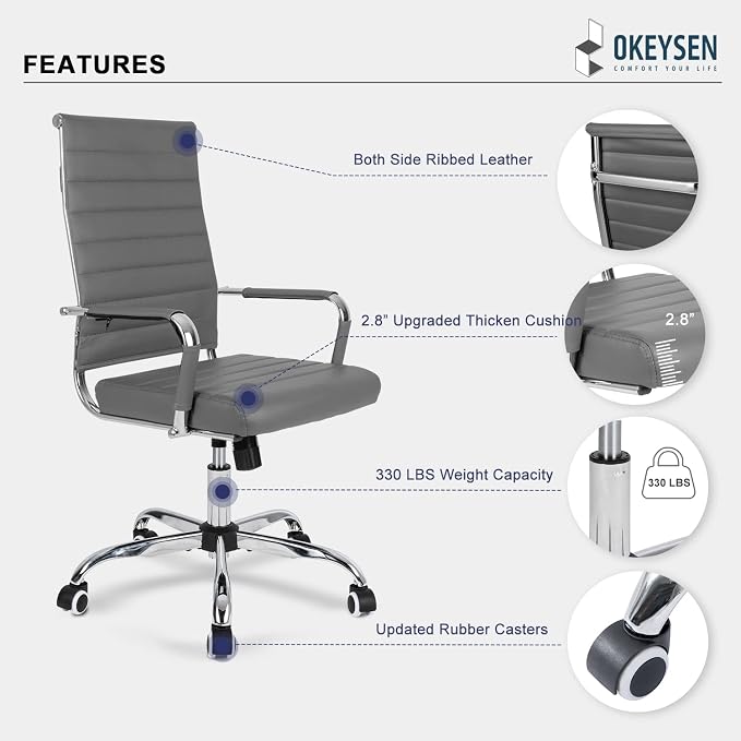 Okeysen Ergonomic Office Desk Chair, Modern PU Leather Conference Room Chairs Ribbed, High Back Executive Swivel Rolling Chair for Home, Office