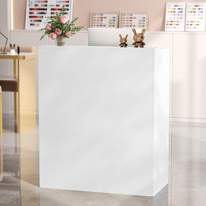 OmySalon Reception Desk with Counter, Small Front Desk w/Lockable Drawer, Wooden Modern Reception Table for Salon Lobby Office Home (White, 32)