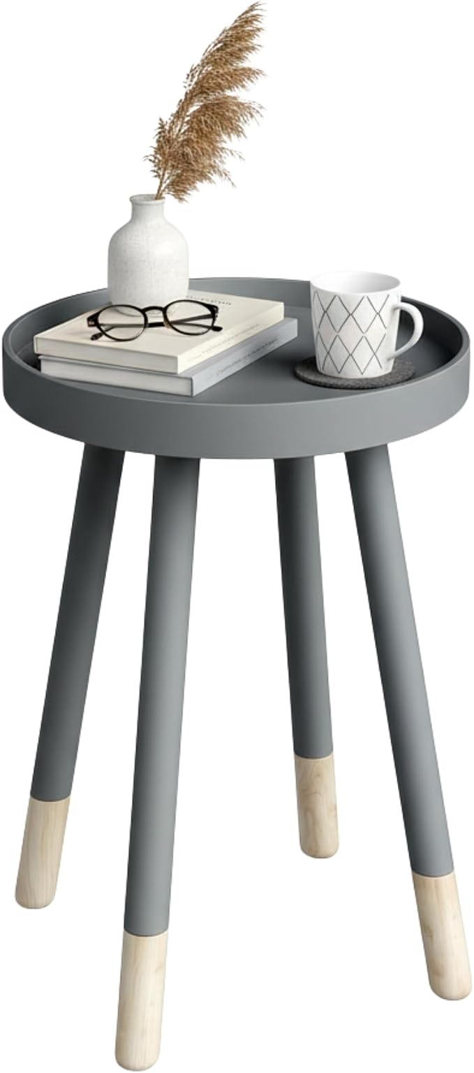 Lavish Home Round End Table – Wooden Mid-Century Modern Side Table with Tray Top and Two-Tone Color – Living Room Furniture (Gray)