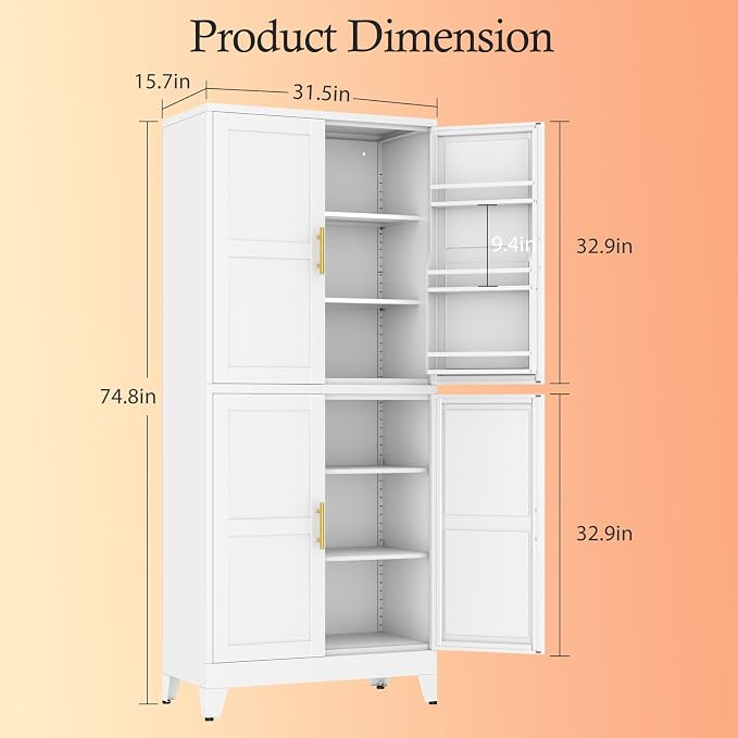 White Pantry Storage Cabinet, 75" Kitchen Pantry with Doors and 3 Adjustable Shelves, Metal Freestanding Buffet Cupboards Sideboard, for Office, Home, Garage, School